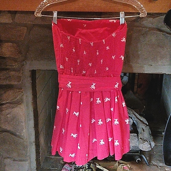 HOLLISTER BRIGHT HOT PINK CUTE SEAGULL PRINT STRAPLESS BELTED DRESS SZ.S - Picture 6 of 7